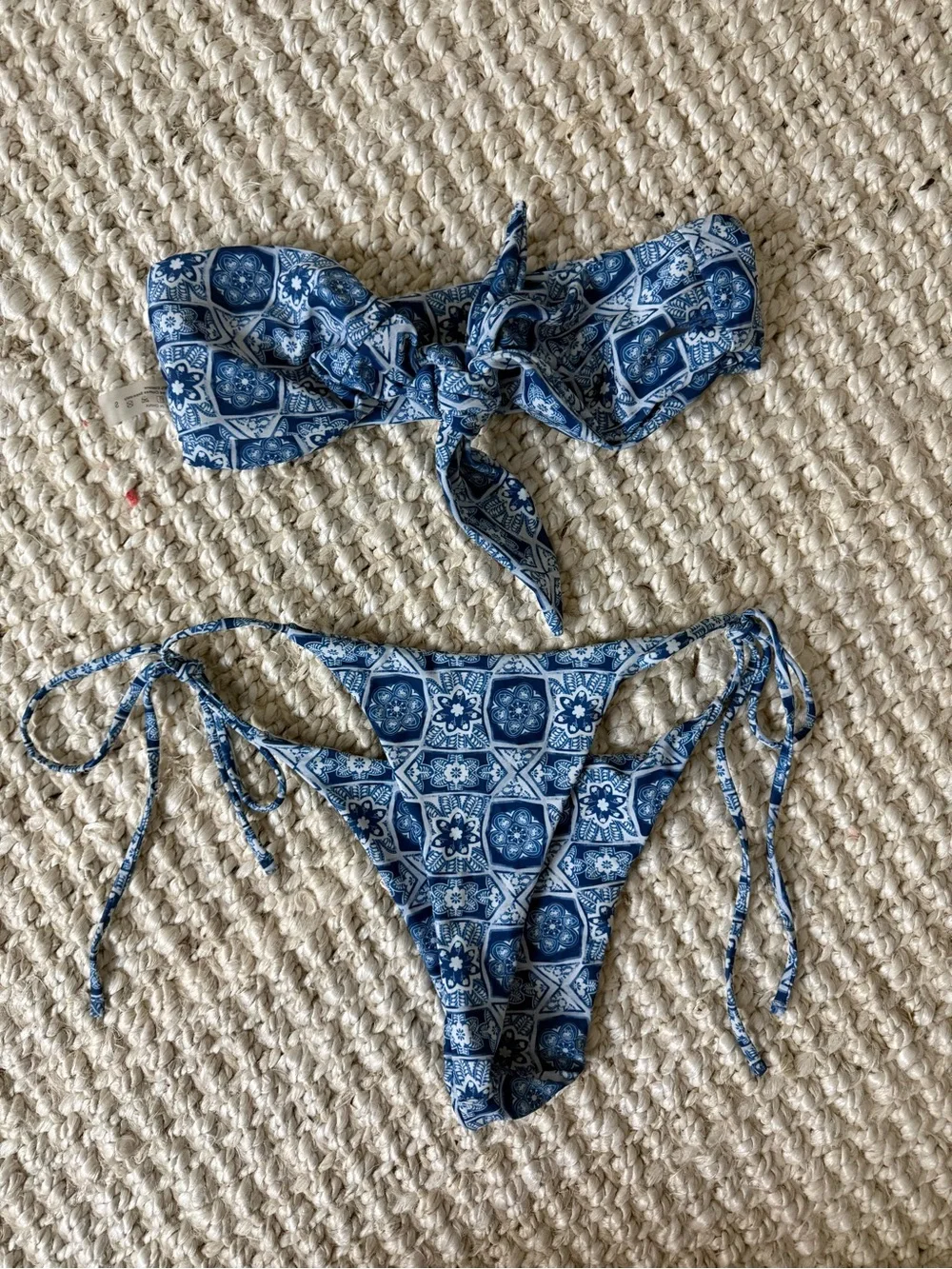 Blue Tile-Print Tie-Side Bikini Set